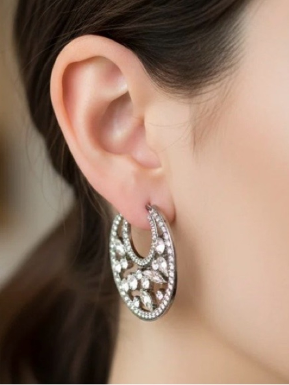 Crystal Crescent Hoop Earrings - Rhinestone Statement